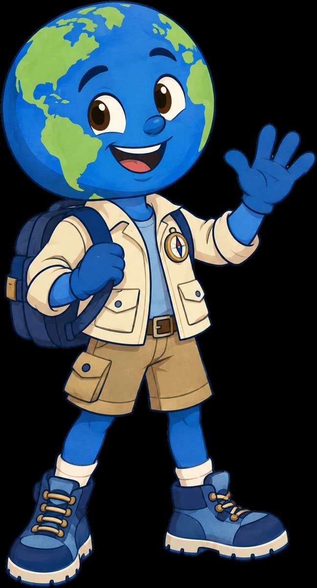 GLOBI, a smiling globe in an explorer jacket, waving hello
