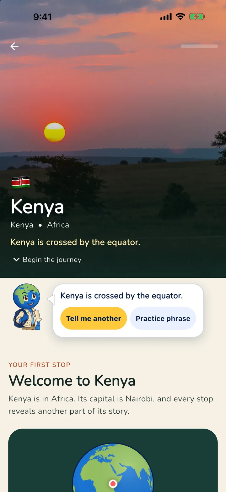 The Kenya country page where GLOBI says Kenya is crossed by the equator
